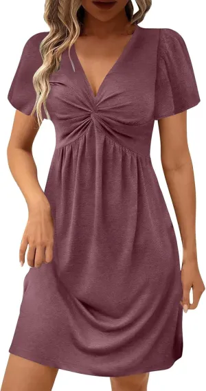 Finelylove Women's Casual Summer Dresses Short Sleeve V Neck Ruched Mini Dress A Line Flowy Boho Beach Vacation Sundresses