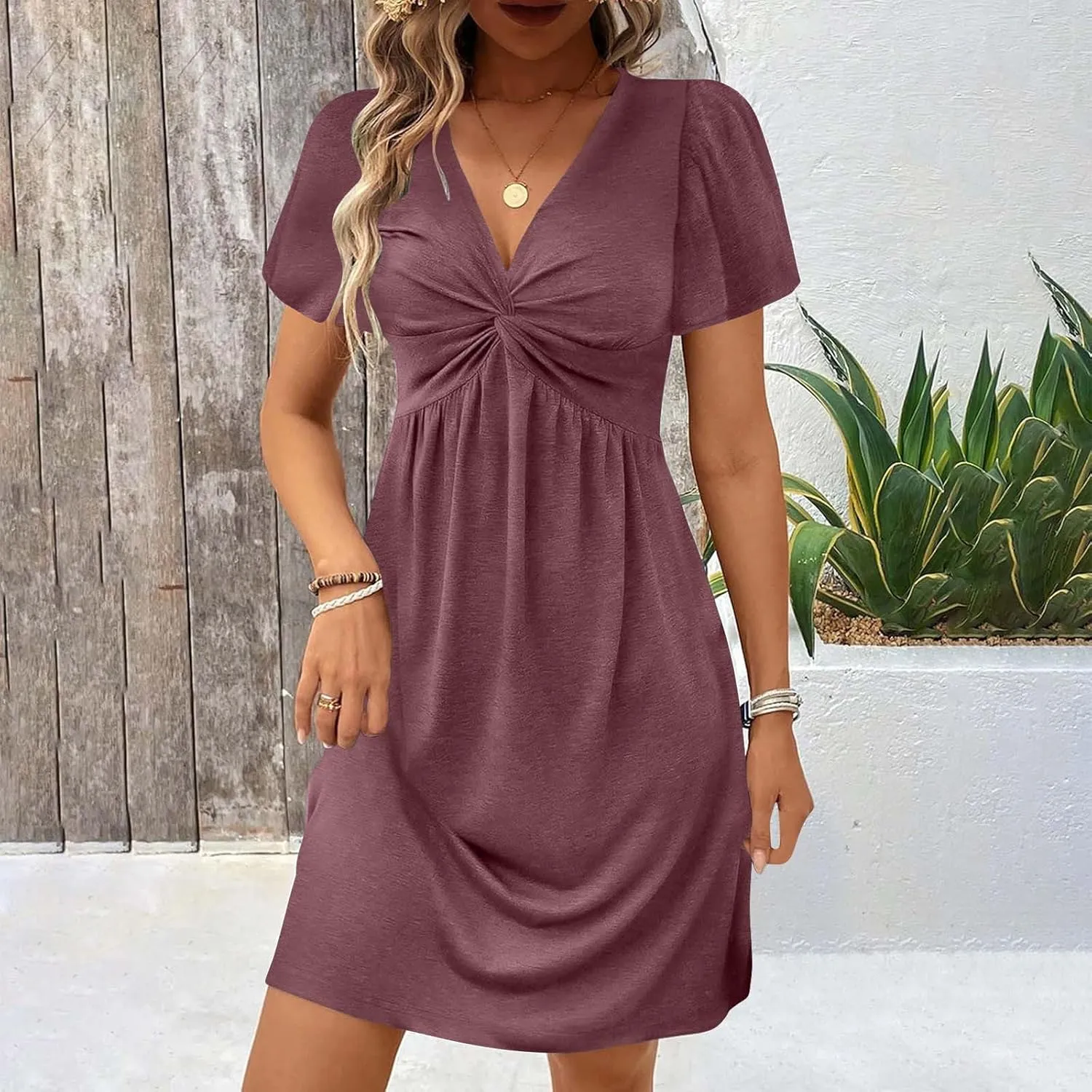 Finelylove Women's Casual Summer Dresses Short Sleeve V Neck Ruched Mini Dress A Line Flowy Boho Beach Vacation Sundresses