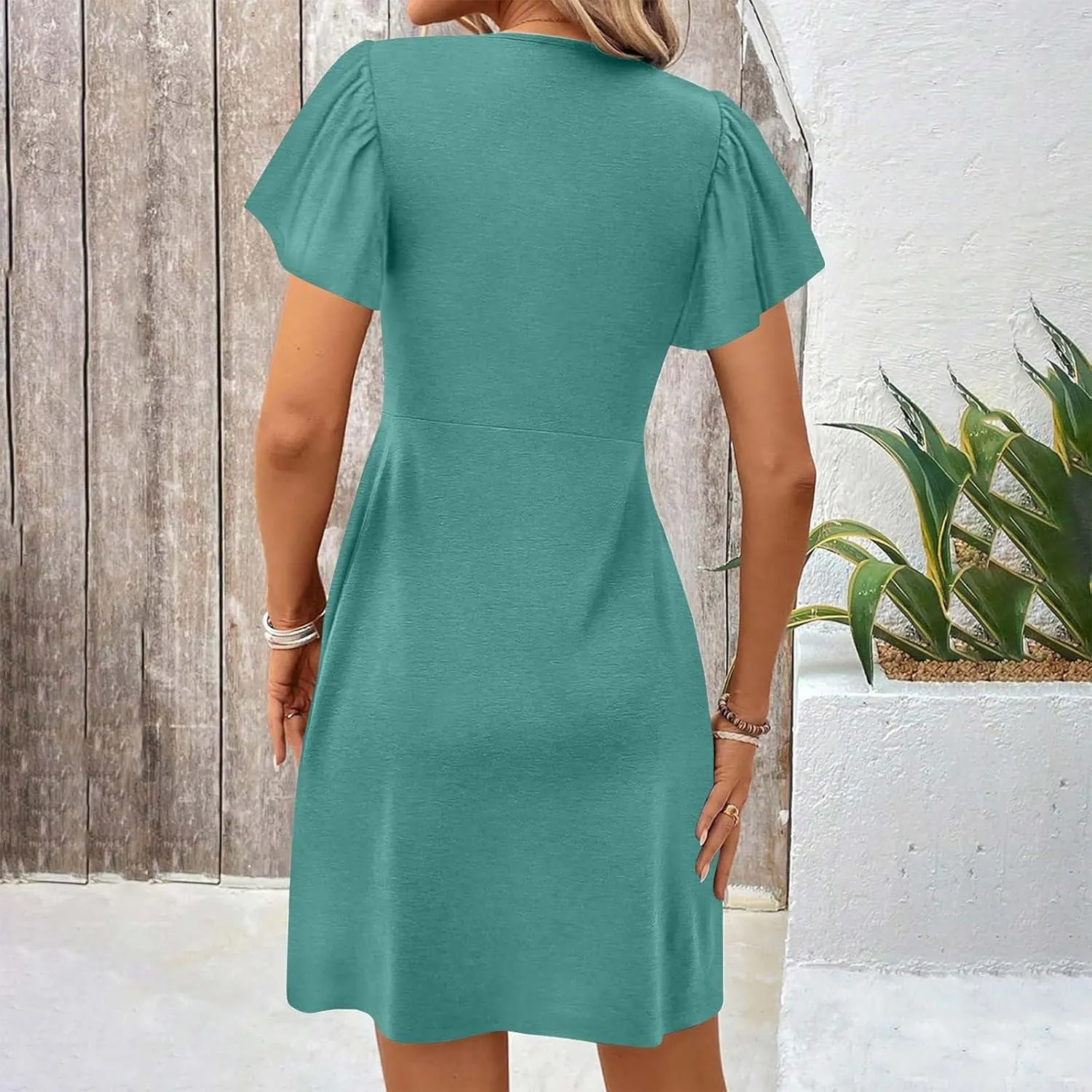 Finelylove Women's Casual Summer Dresses Short Sleeve V Neck Ruched Mini Dress A Line Flowy Boho Beach Vacation Sundresses
