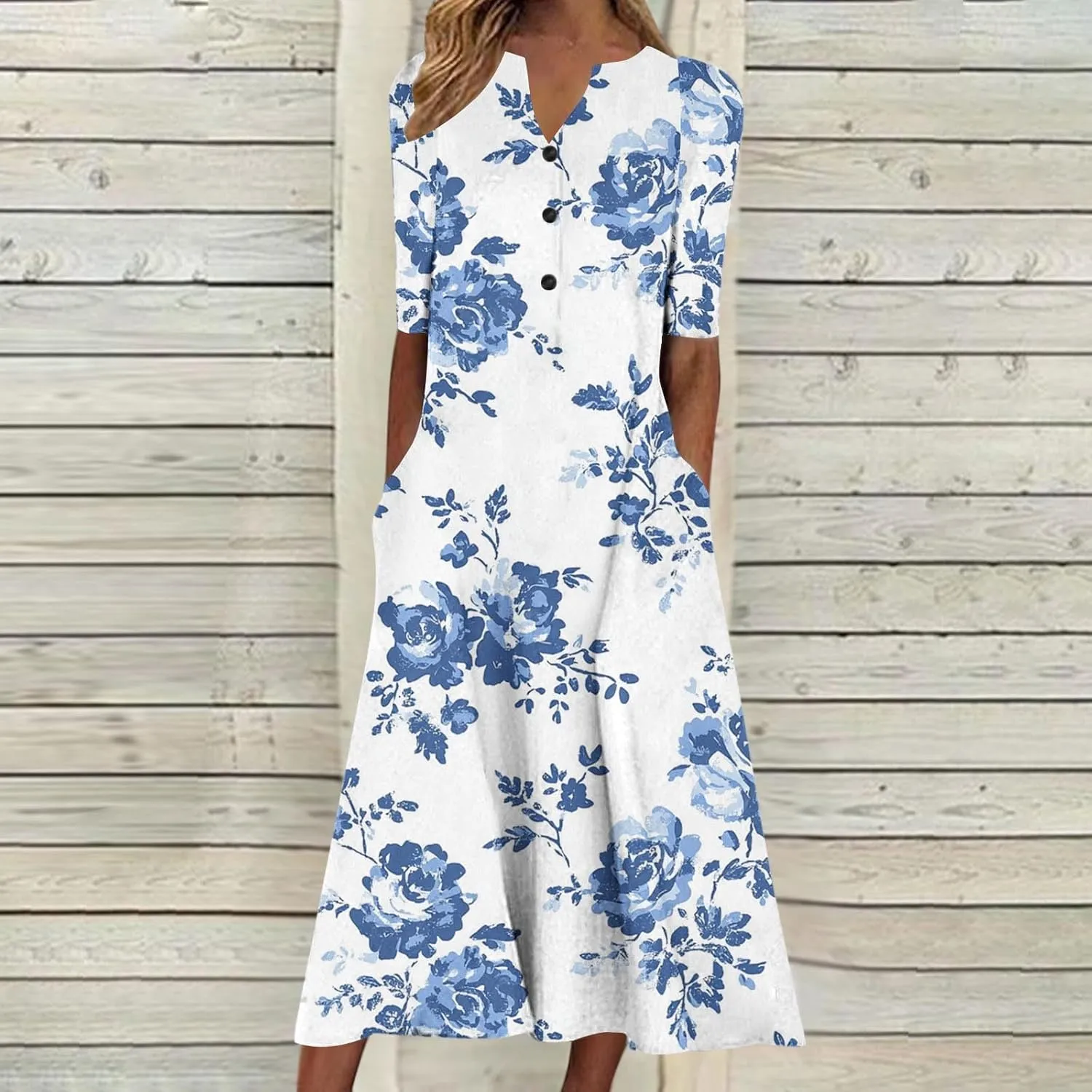 Finelylove Womens Maxi Dress Summer Casual Loose Boho Floral V Neck Short Sleeve Flowy Long Dresses Beach Vacation Outfits