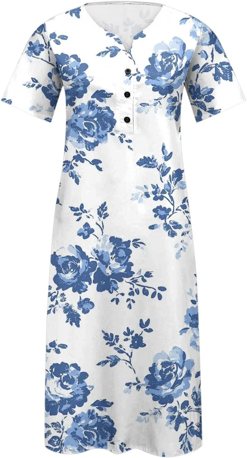 Finelylove Womens Maxi Dress Summer Casual Loose Boho Floral V Neck Short Sleeve Flowy Long Dresses Beach Vacation Outfits