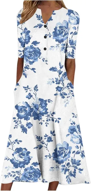 Finelylove Womens Maxi Dress Summer Casual Loose Boho Floral V Neck Short Sleeve Flowy Long Dresses Beach Vacation Outfits