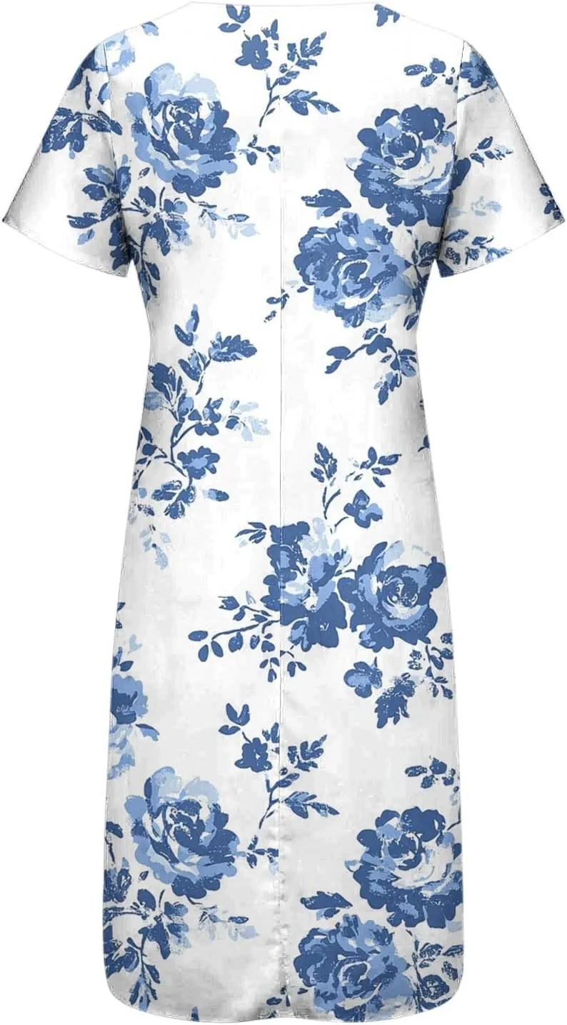Finelylove Womens Maxi Dress Summer Casual Loose Boho Floral V Neck Short Sleeve Flowy Long Dresses Beach Vacation Outfits