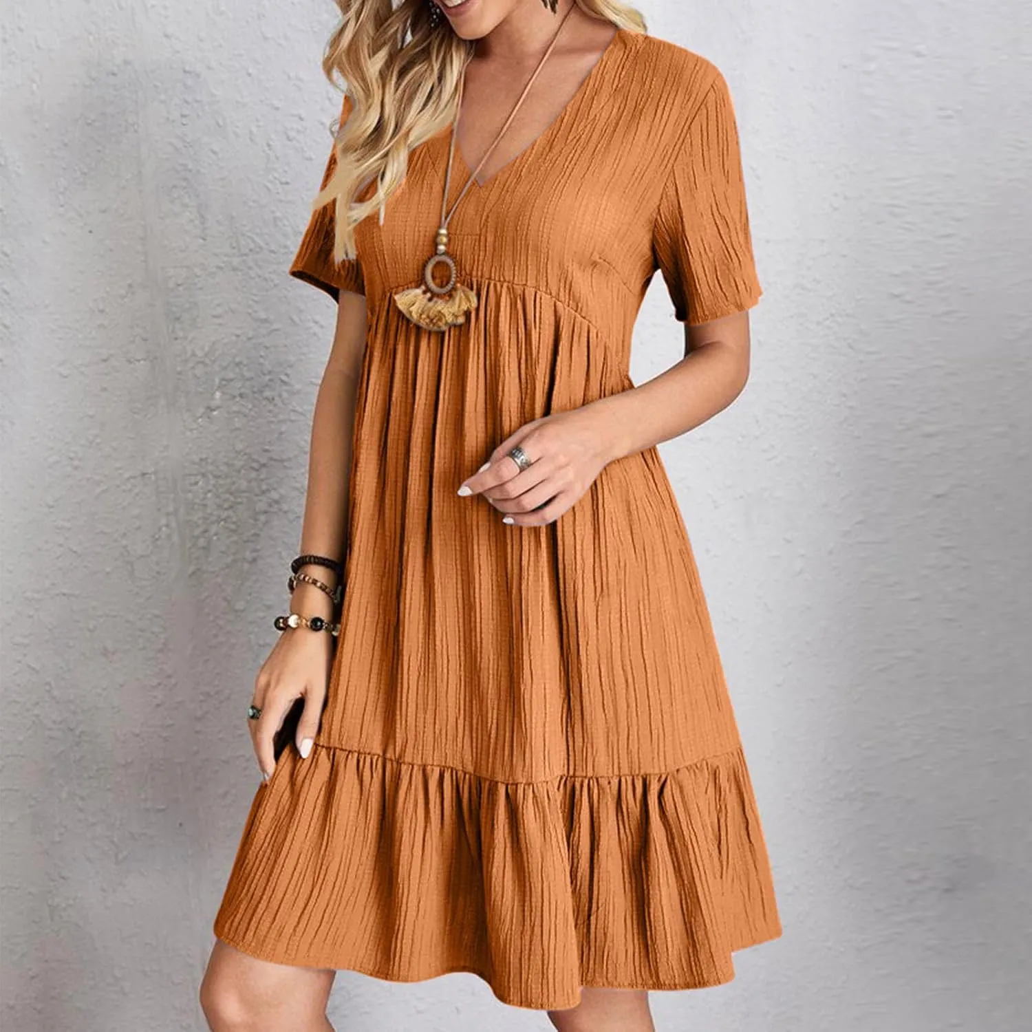 Finelylove Womens Summer Casual Mini Dress Short Sleeve V Neck A Line Sundress Ruffle Flowy Tiered Beach Vacation Dresses