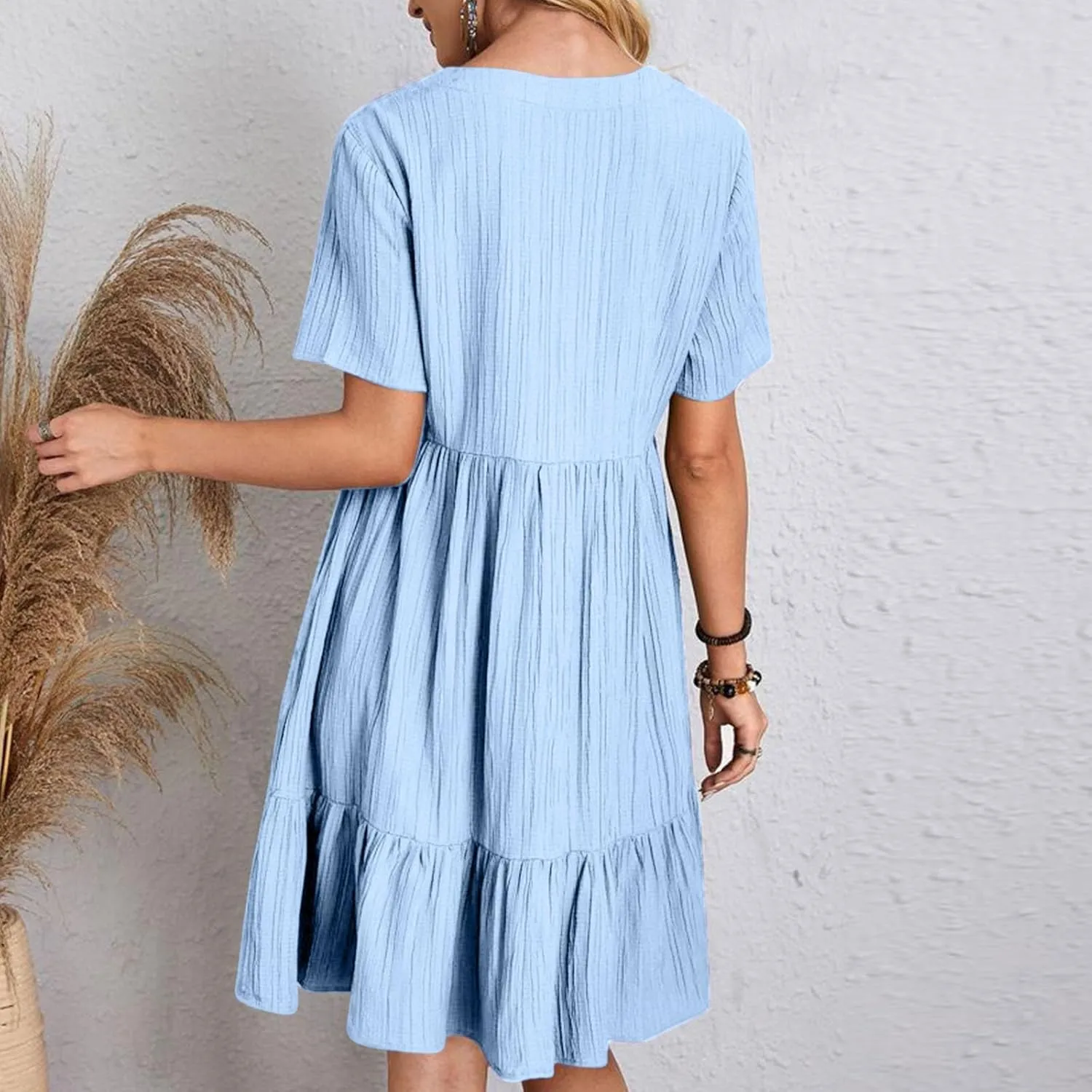 Finelylove Womens Summer Casual Mini Dress Short Sleeve V Neck A Line Sundress Ruffle Flowy Tiered Beach Vacation Dresses