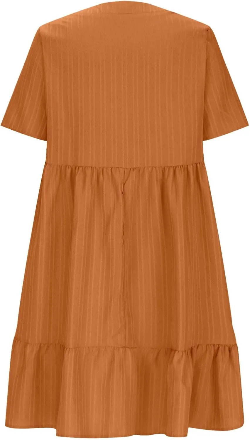 Finelylove Womens Summer Casual Mini Dress Short Sleeve V Neck A Line Sundress Ruffle Flowy Tiered Beach Vacation Dresses