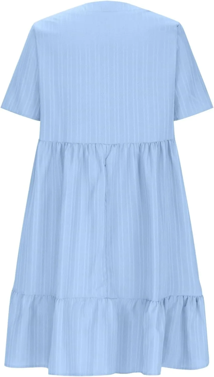 Finelylove Womens Summer Casual Mini Dress Short Sleeve V Neck A Line Sundress Ruffle Flowy Tiered Beach Vacation Dresses
