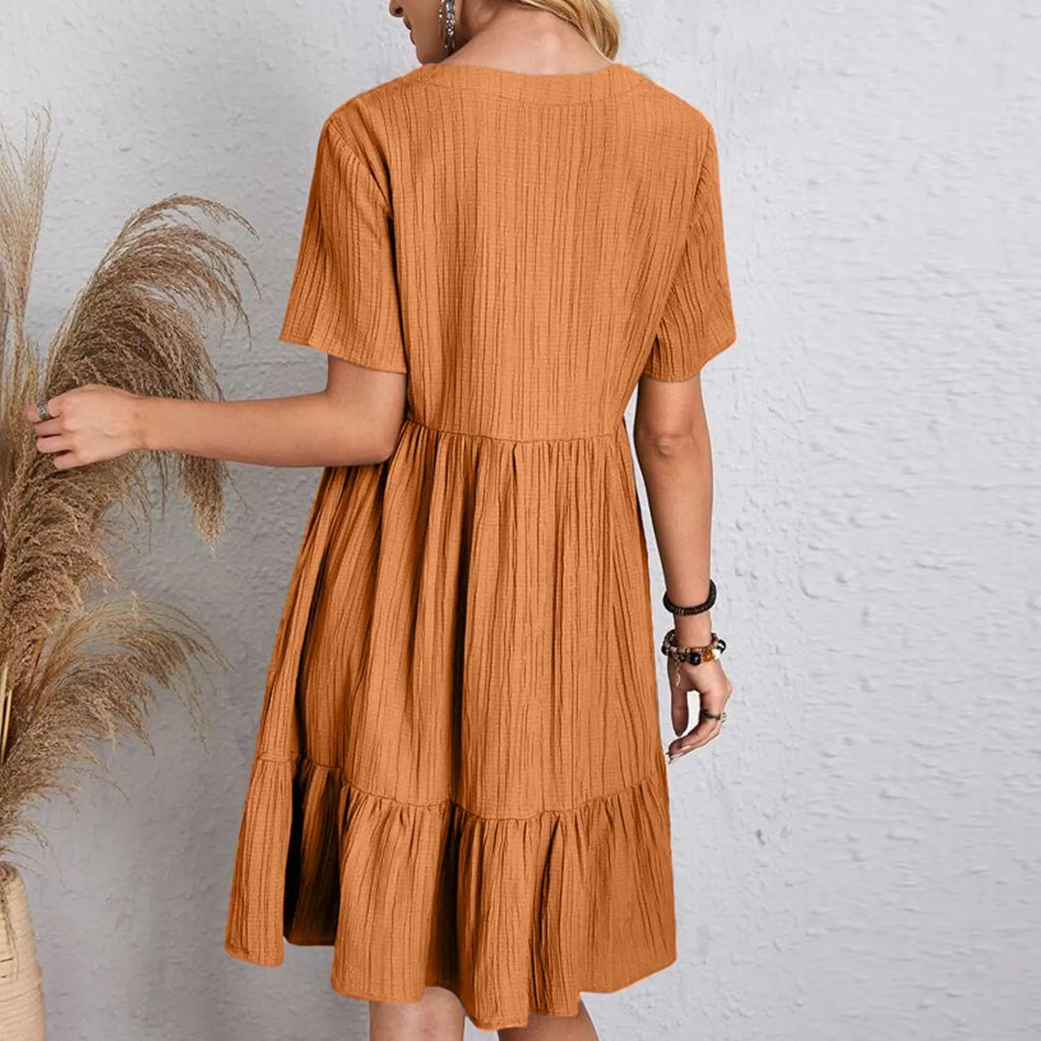 Finelylove Womens Summer Casual Mini Dress Short Sleeve V Neck A Line Sundress Ruffle Flowy Tiered Beach Vacation Dresses