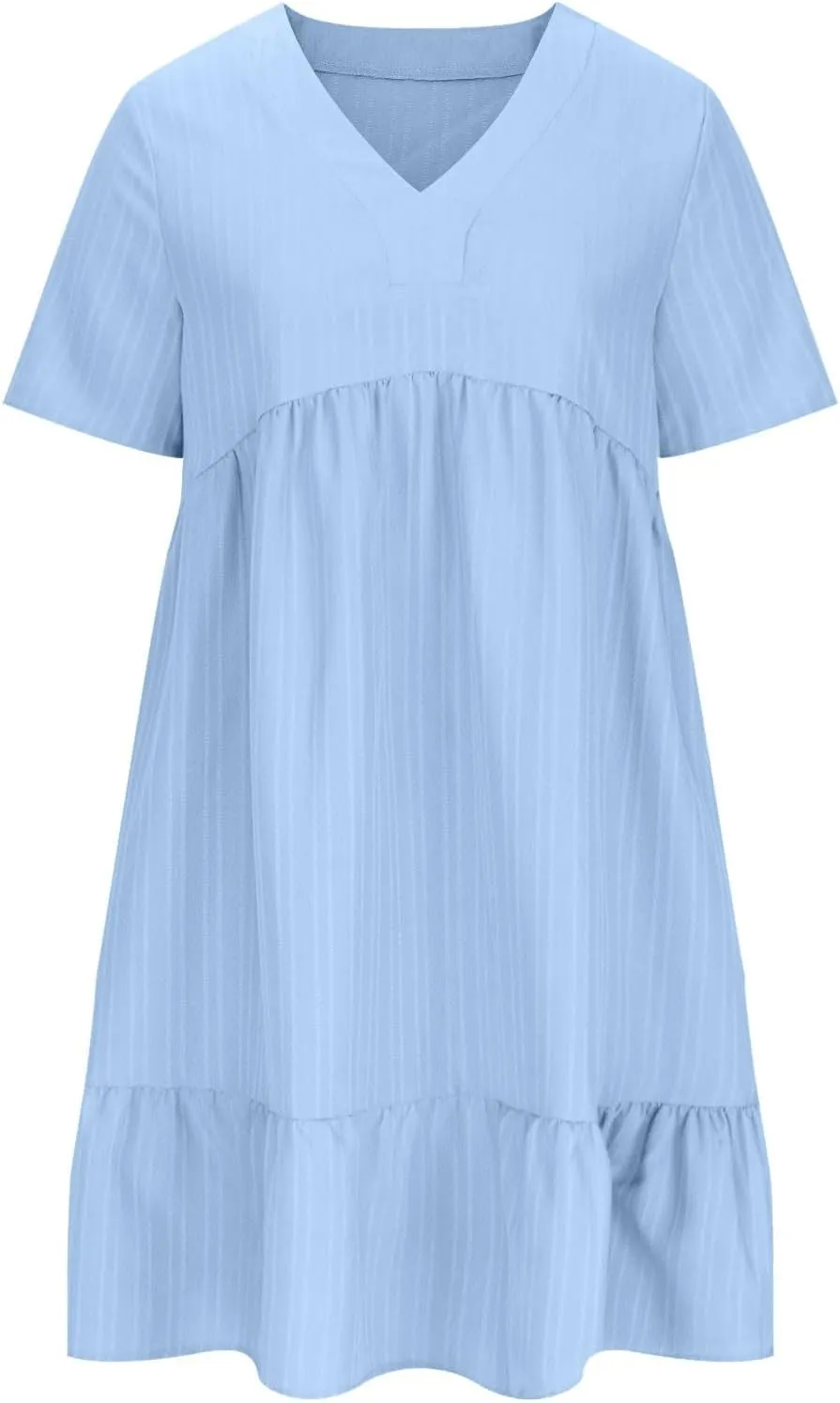 Finelylove Womens Summer Casual Mini Dress Short Sleeve V Neck A Line Sundress Ruffle Flowy Tiered Beach Vacation Dresses