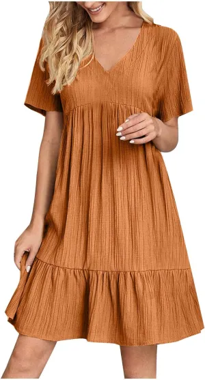 Finelylove Womens Summer Casual Mini Dress Short Sleeve V Neck A Line Sundress Ruffle Flowy Tiered Beach Vacation Dresses