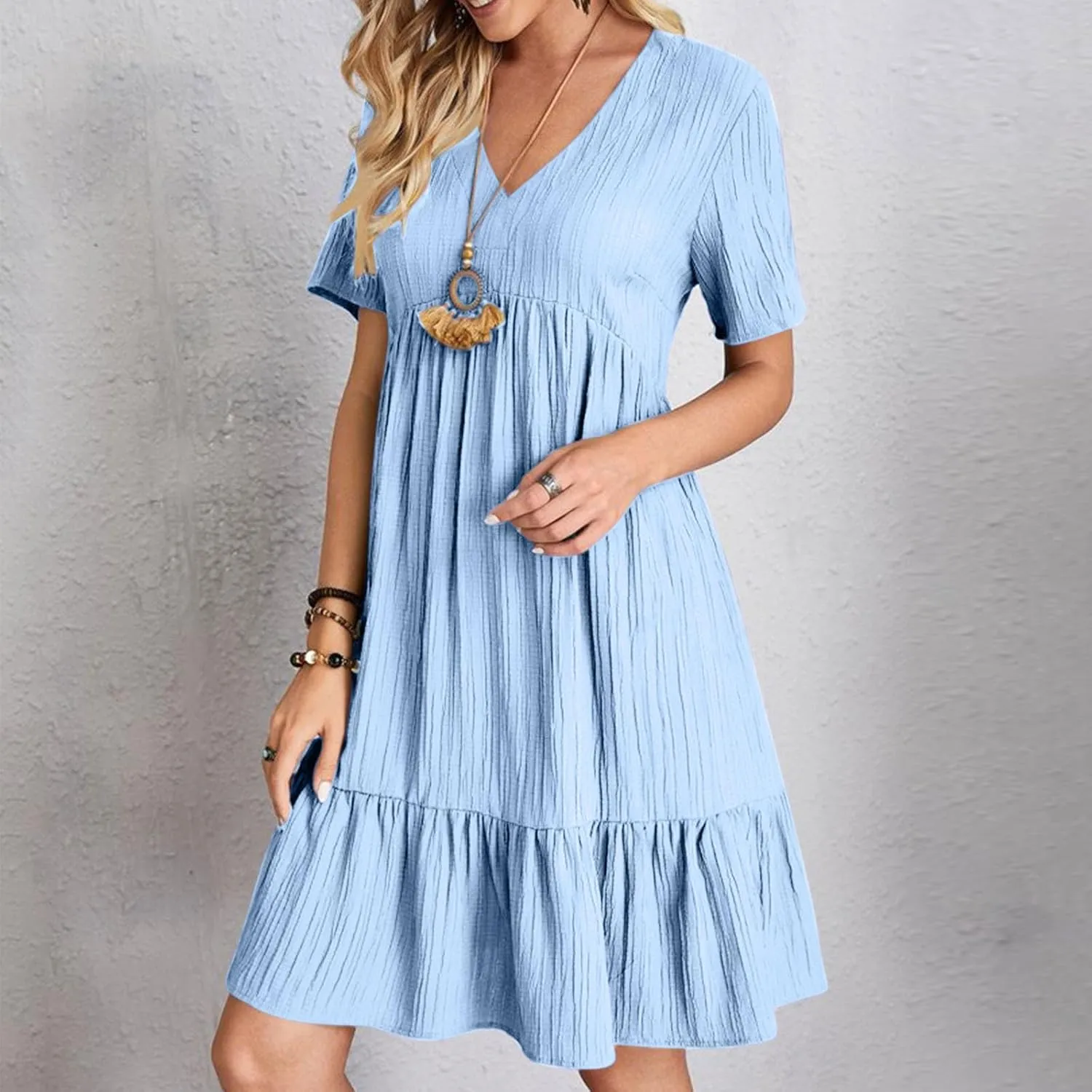 Finelylove Womens Summer Casual Mini Dress Short Sleeve V Neck A Line Sundress Ruffle Flowy Tiered Beach Vacation Dresses