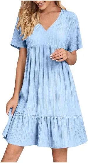 Finelylove Womens Summer Casual Mini Dress Short Sleeve V Neck A Line Sundress Ruffle Flowy Tiered Beach Vacation Dresses