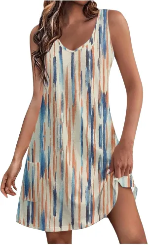 Finelylove Womens Summer Dresses 2025 V Neck Sleeveless Sundress Boho Floral Mini Dress Swimsuit Coverup 2025 Beach Vacation