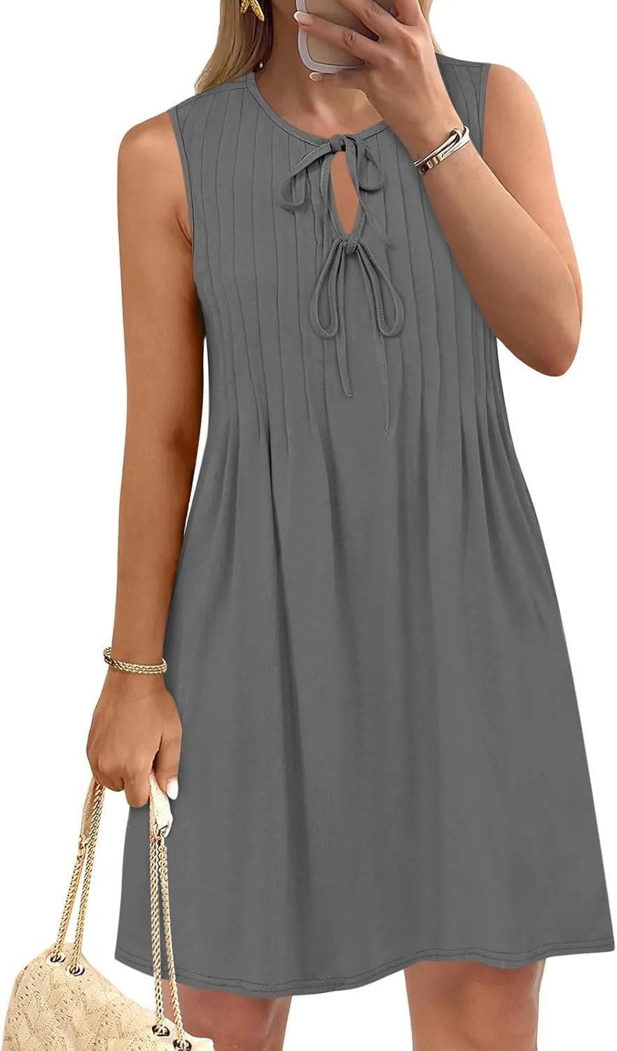 Finelylove Womens Summer Dresses Sleeveless Keyhole Ruched Sundresses Ruffle Flowy A Line Mini Beach Dress with Pockets