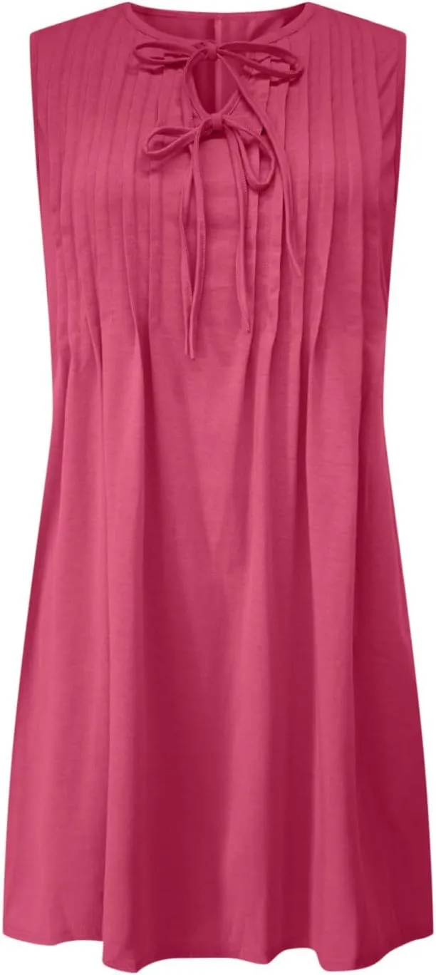 Finelylove Womens Summer Dresses Sleeveless Keyhole Ruched Sundresses Ruffle Flowy A Line Mini Beach Dress with Pockets