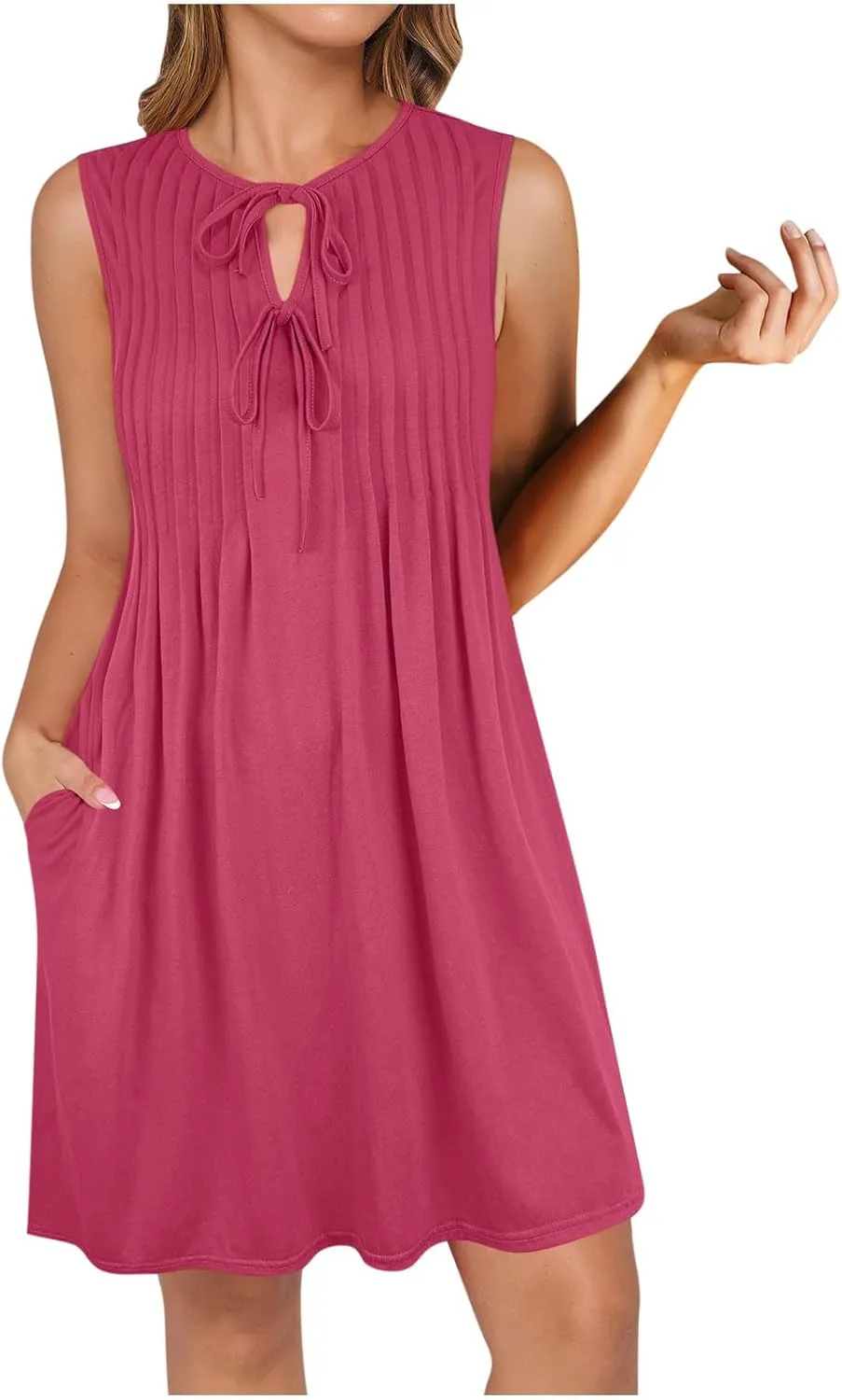 Finelylove Womens Summer Dresses Sleeveless Keyhole Ruched Sundresses Ruffle Flowy A Line Mini Beach Dress with Pockets