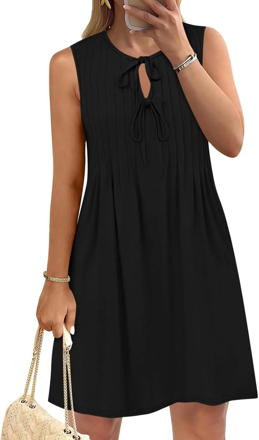 Finelylove Womens Summer Dresses Sleeveless Keyhole Ruched Sundresses Ruffle Flowy A Line Mini Beach Dress with Pockets