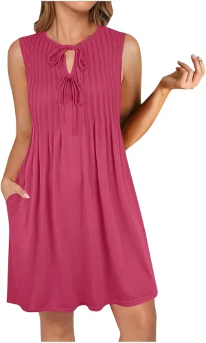 Finelylove Womens Summer Dresses Sleeveless Keyhole Ruched Sundresses Ruffle Flowy A Line Mini Beach Dress with Pockets