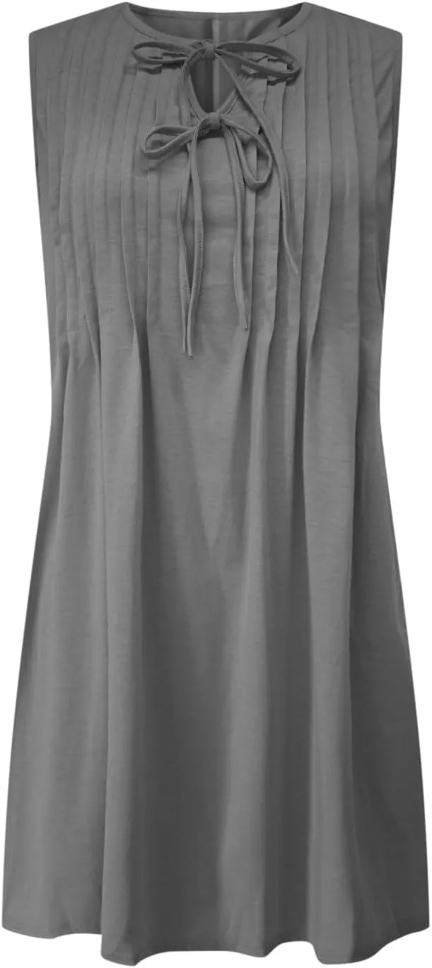 Finelylove Womens Summer Dresses Sleeveless Keyhole Ruched Sundresses Ruffle Flowy A Line Mini Beach Dress with Pockets