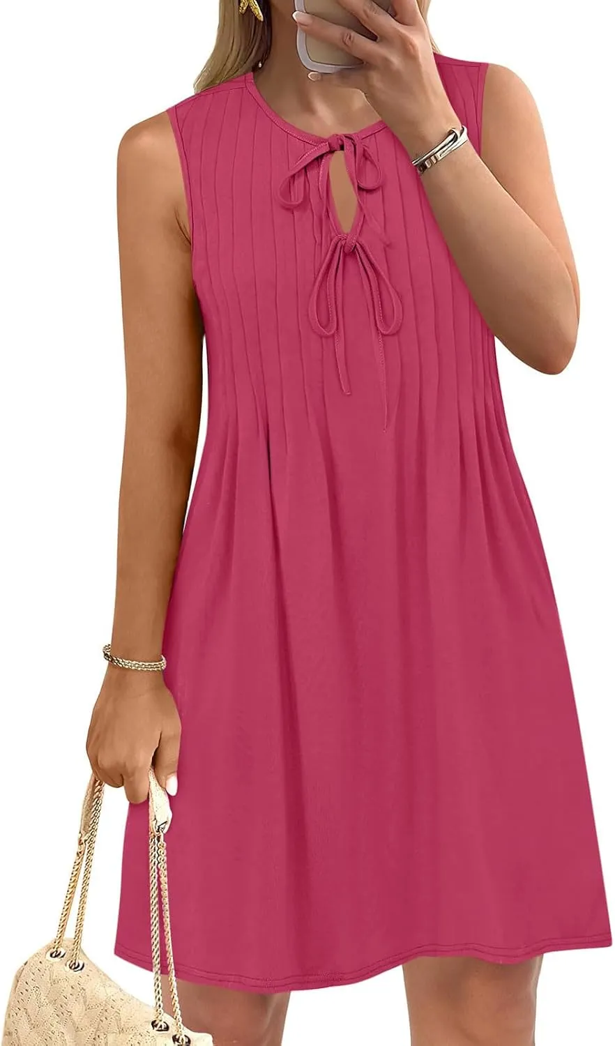 Finelylove Womens Summer Dresses Sleeveless Keyhole Ruched Sundresses Ruffle Flowy A Line Mini Beach Dress with Pockets
