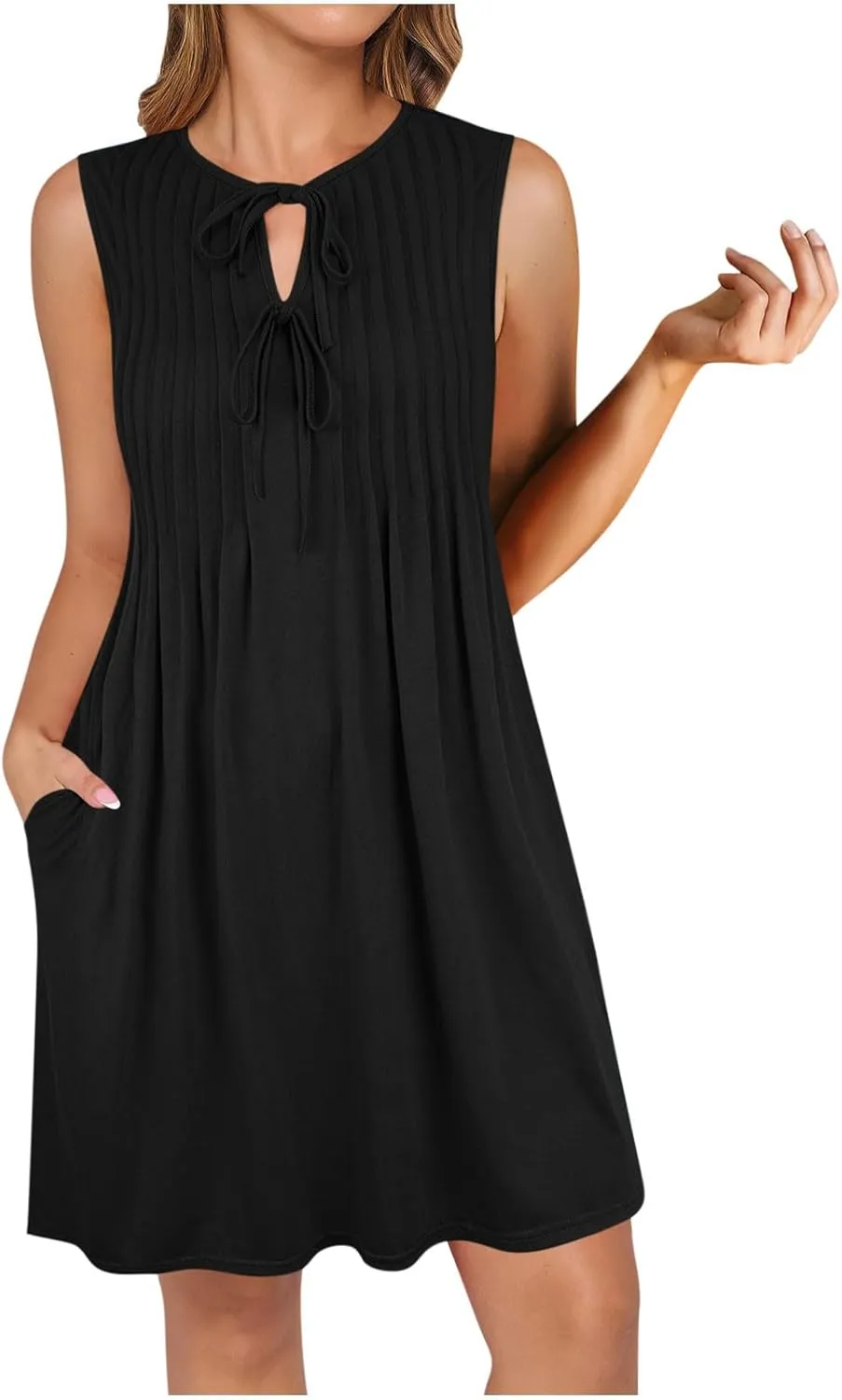 Finelylove Womens Summer Dresses Sleeveless Keyhole Ruched Sundresses Ruffle Flowy A Line Mini Beach Dress with Pockets