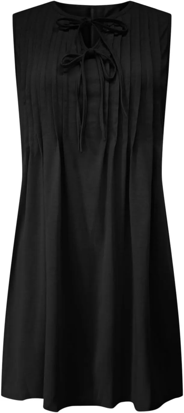 Finelylove Womens Summer Dresses Sleeveless Keyhole Ruched Sundresses Ruffle Flowy A Line Mini Beach Dress with Pockets