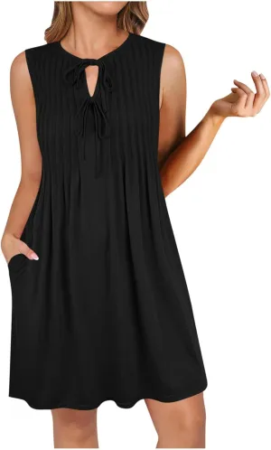 Finelylove Womens Summer Dresses Sleeveless Keyhole Ruched Sundresses Ruffle Flowy A Line Mini Beach Dress with Pockets