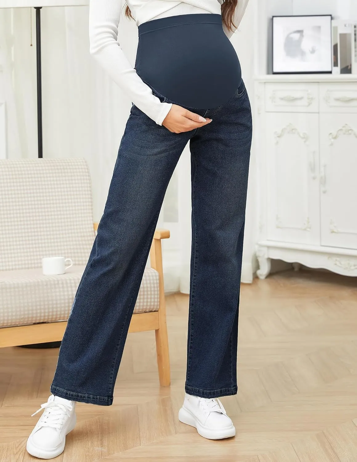 fitglam Women's Maternity Jeans Straight Leg Relaxed Fit Over Belly Pregnancy Denim Work Pants Maternity Clothes with Pockets
