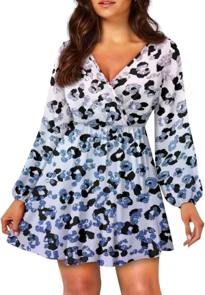 Flashideas Women's Multicolor Casual Maxi Dress, Polyester, V-Neck, Long Sleeve, High Waist, Swing, Size S-XL