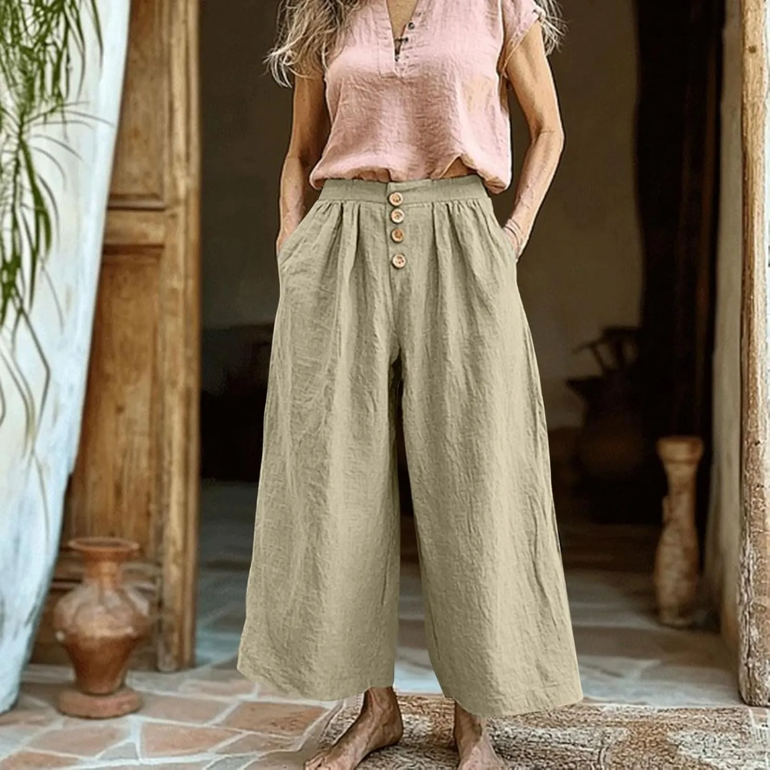 Flowy Pants for Women Summer Cotton Linen Wide Leg Palazzo Pants Beach Casual Button Down Trouser with Pockets