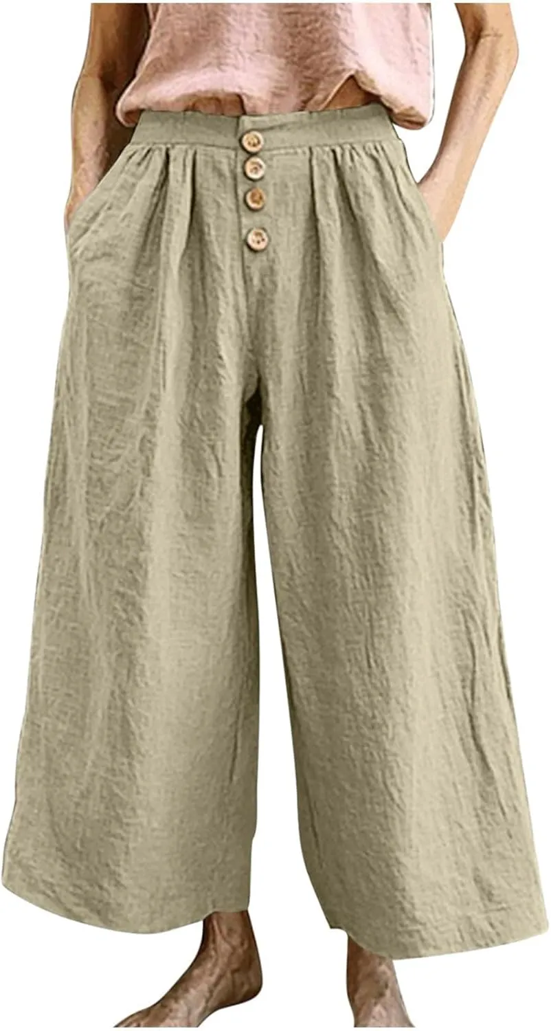 Flowy Pants for Women Summer Cotton Linen Wide Leg Palazzo Pants Beach Casual Button Down Trouser with Pockets