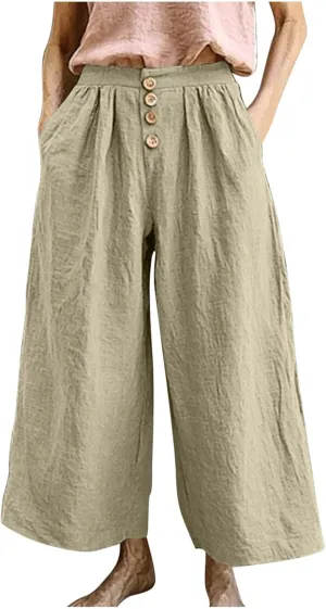 Flowy Pants for Women Summer Cotton Linen Wide Leg Palazzo Pants Beach Casual Button Down Trouser with Pockets