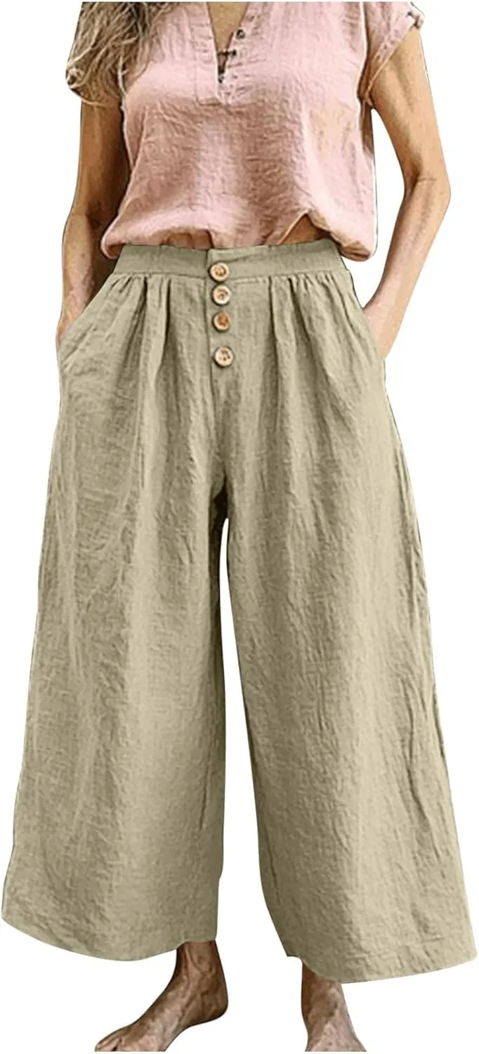 Flowy Pants for Women Summer Cotton Linen Wide Leg Palazzo Pants Beach Casual Button Down Trouser with Pockets