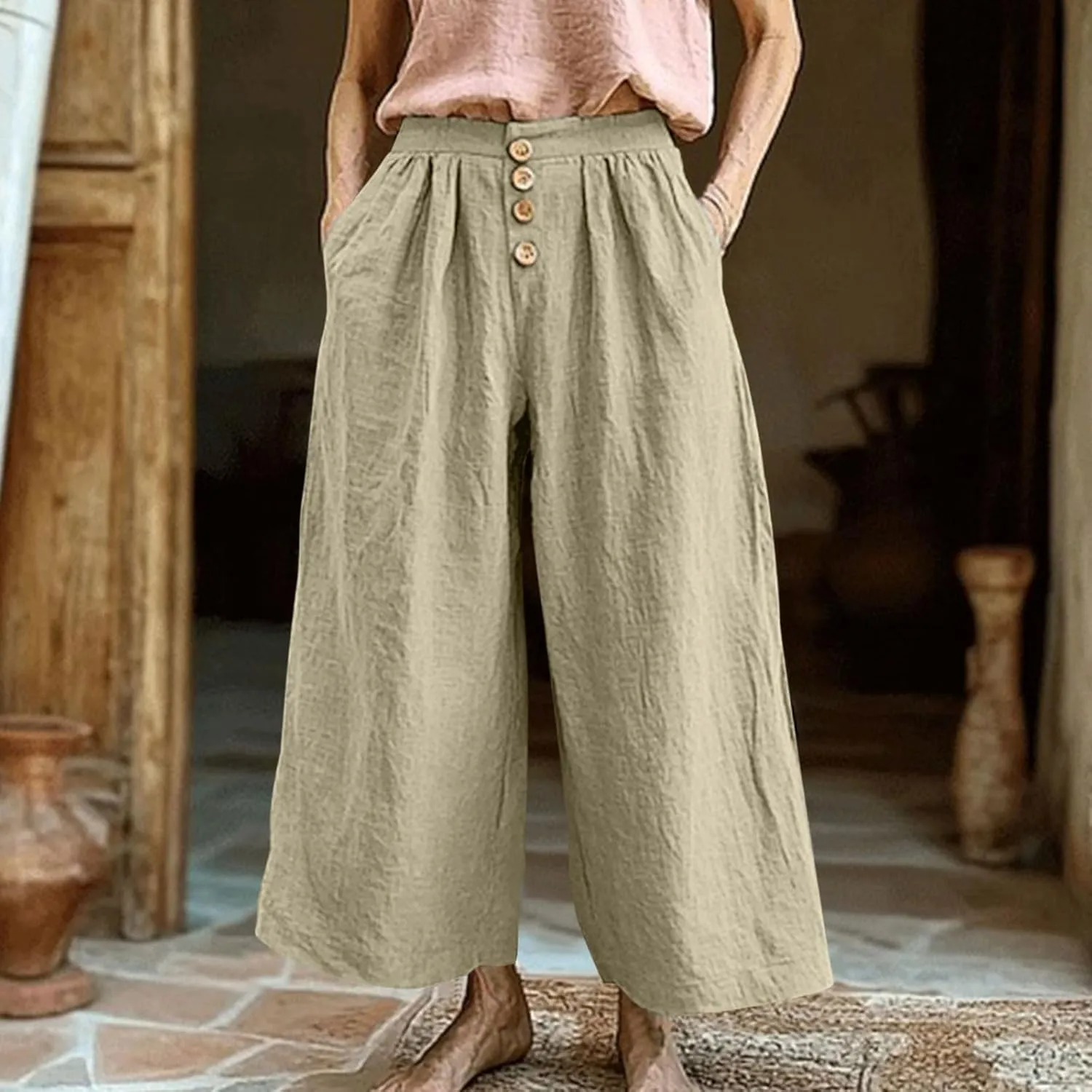 Flowy Pants for Women Summer Cotton Linen Wide Leg Palazzo Pants Beach Casual Button Down Trouser with Pockets