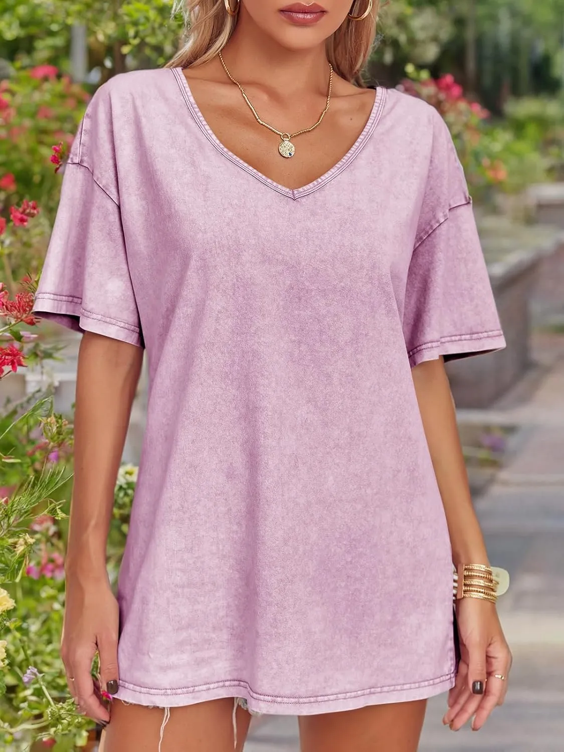 Flowyair Womens Oversized T Shirts Summer Loose Fit Cotton Short Sleeve Basic Tees Casual V Neck Boyfriend Tunic Tops