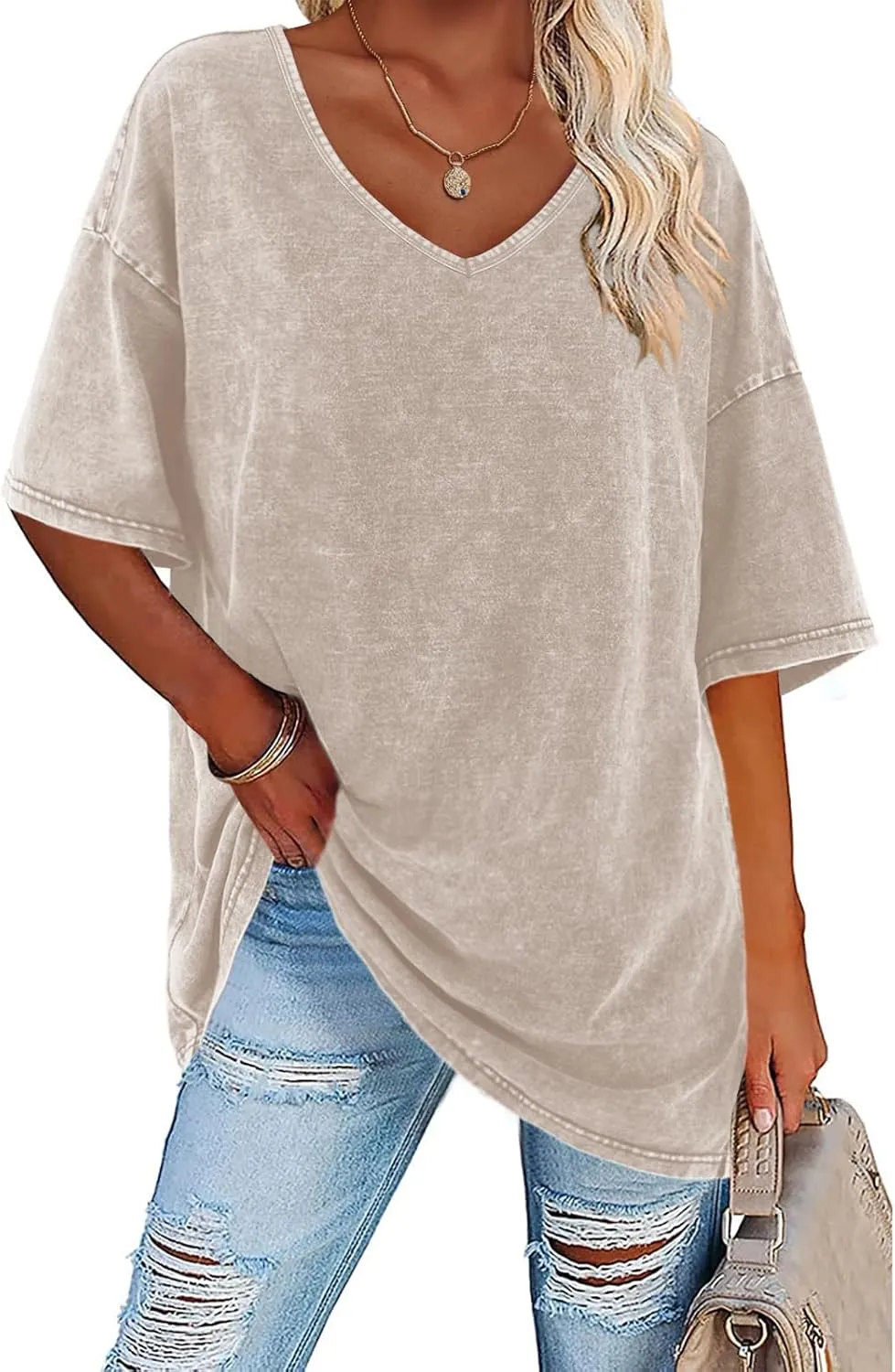 Flowyair Womens Oversized T Shirts Summer Loose Fit Cotton Short Sleeve Basic Tees Casual V Neck Boyfriend Tunic Tops