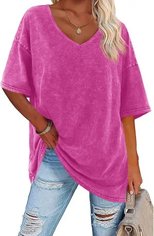 Flowyair Womens Oversized T Shirts Summer Loose Fit Cotton Short Sleeve Basic Tees Casual V Neck Boyfriend Tunic Tops