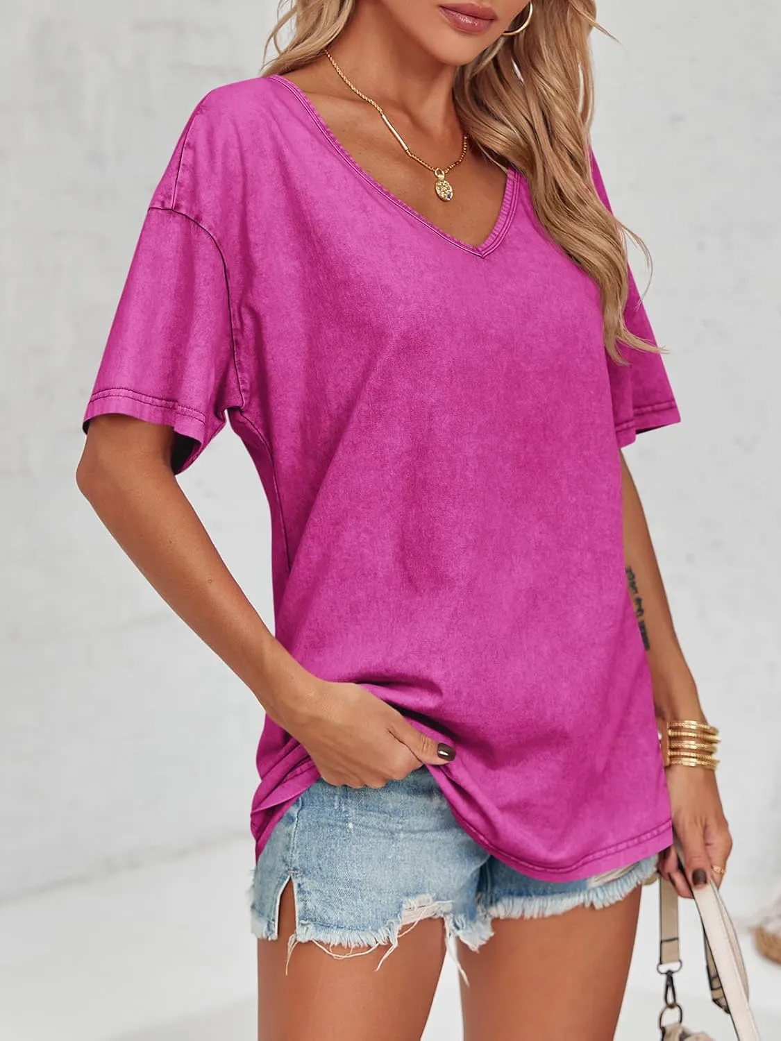 Flowyair Womens Oversized T Shirts Summer Loose Fit Cotton Short Sleeve Basic Tees Casual V Neck Boyfriend Tunic Tops