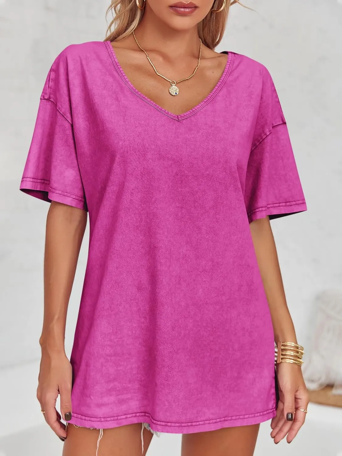 Flowyair Womens Oversized T Shirts Summer Loose Fit Cotton Short Sleeve Basic Tees Casual V Neck Boyfriend Tunic Tops