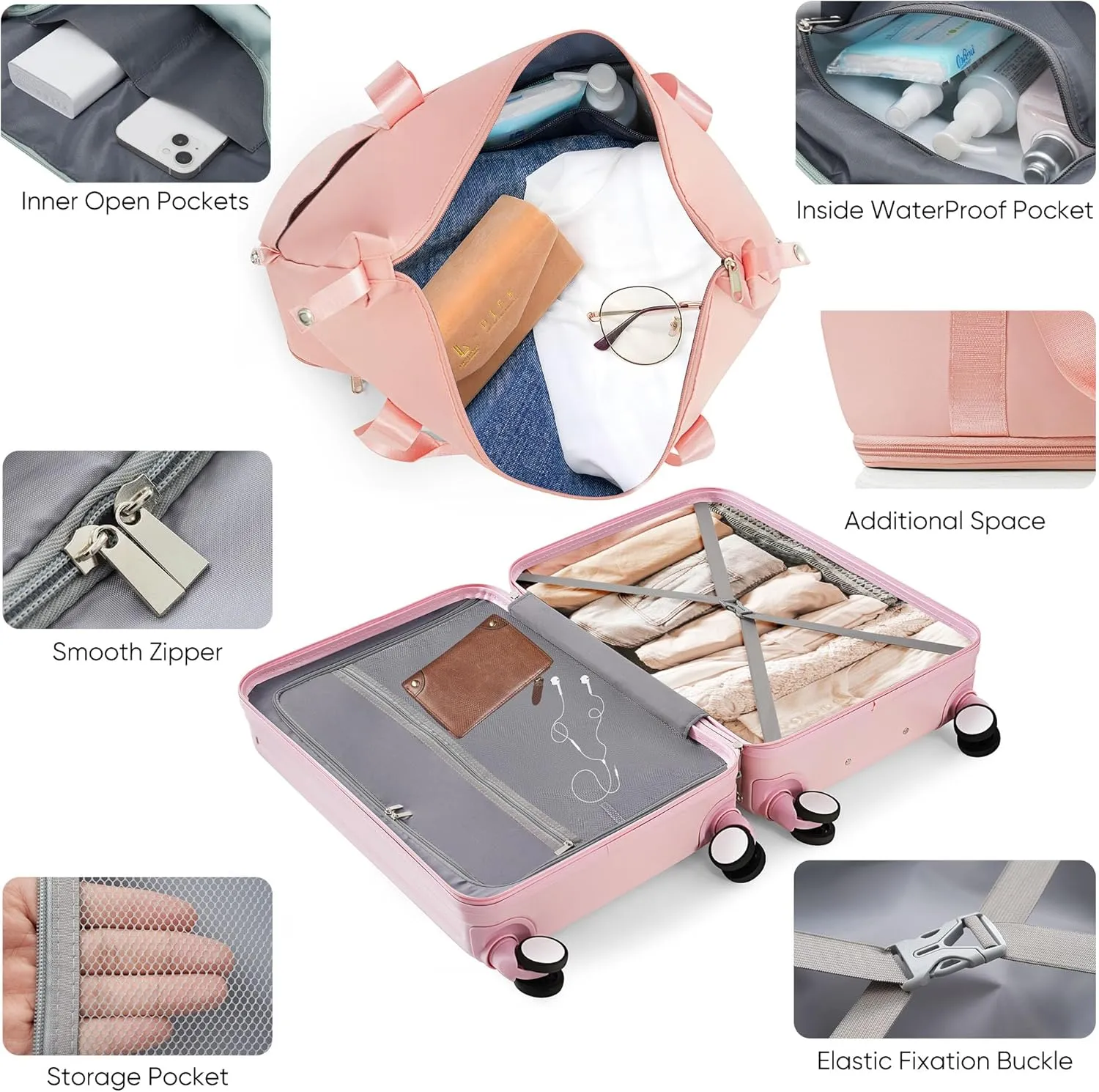 Front Opening 20-Inch Carry-On Luggage with Expandable Travel Bag Set, ABS Hard Shell Two-piece suitcase set with USB Port, Cup Holder, (pink)