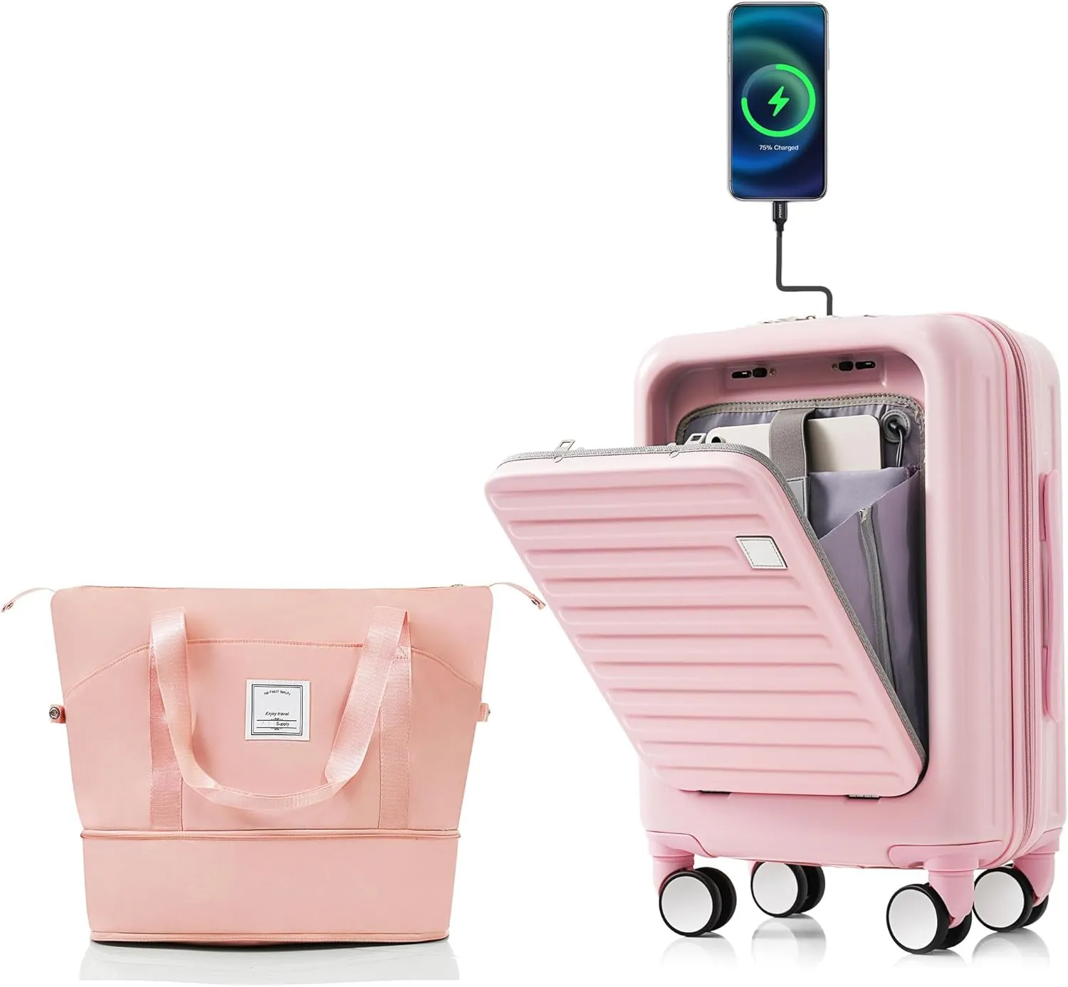 Front Opening 20-Inch Carry-On Luggage with Expandable Travel Bag Set, ABS Hard Shell Two-piece suitcase set with USB Port, Cup Holder, (pink)