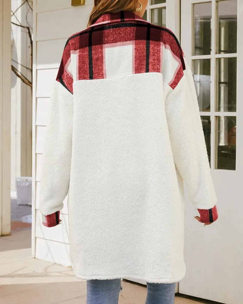 FSHAOES Womens 2024 Winter Coats Fuzzy Fleece Long Jackets Plaid Shacket Button Down Shirts Lightweight Outwear Cardigan