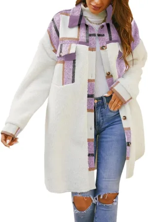 FSHAOES Womens 2024 Winter Coats Fuzzy Fleece Long Jackets Plaid Shacket Button Down Shirts Lightweight Outwear Cardigan