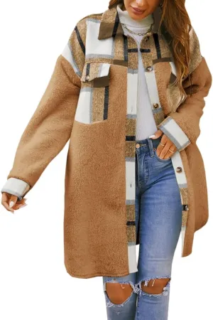 FSHAOES Womens 2024 Winter Coats Fuzzy Fleece Long Jackets Plaid Shacket Button Down Shirts Lightweight Outwear Cardigan