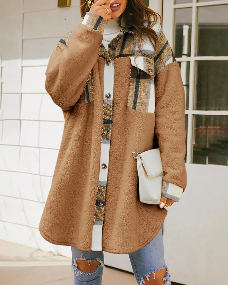 FSHAOES Womens 2024 Winter Coats Fuzzy Fleece Long Jackets Plaid Shacket Button Down Shirts Lightweight Outwear Cardigan