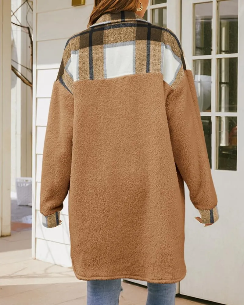 FSHAOES Womens 2024 Winter Coats Fuzzy Fleece Long Jackets Plaid Shacket Button Down Shirts Lightweight Outwear Cardigan