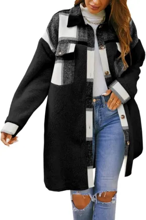 FSHAOES Womens 2024 Winter Coats Fuzzy Fleece Long Jackets Plaid Shacket Button Down Shirts Lightweight Outwear Cardigan