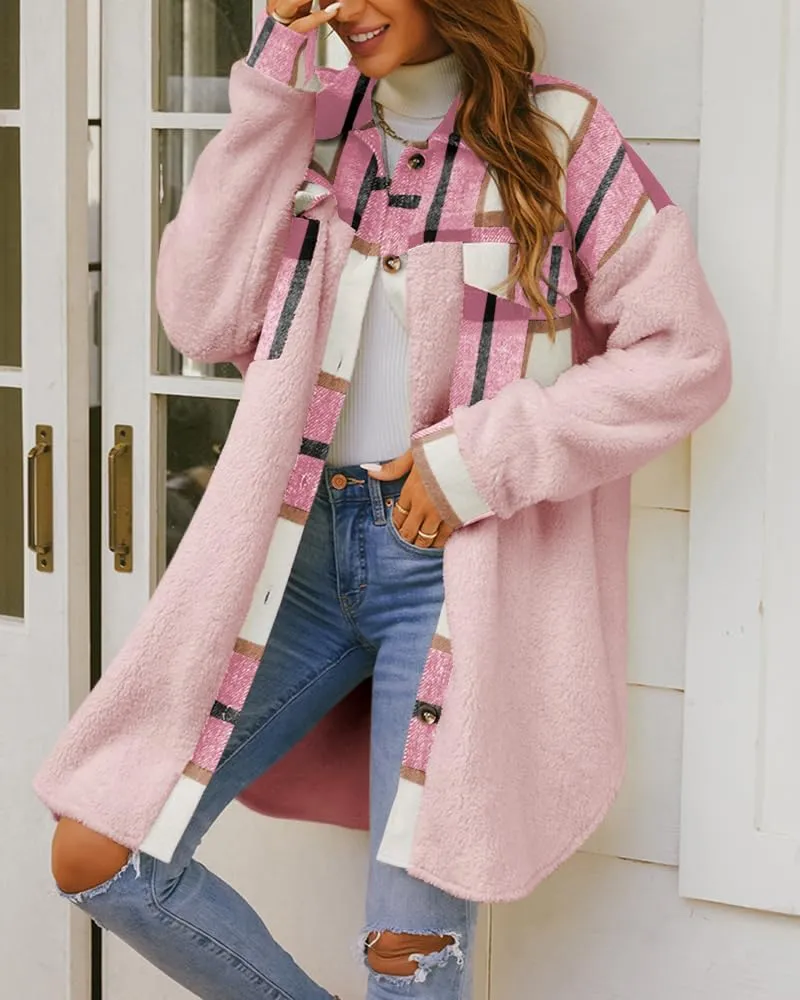 FSHAOES Womens 2024 Winter Coats Fuzzy Fleece Long Jackets Plaid Shacket Button Down Shirts Lightweight Outwear Cardigan