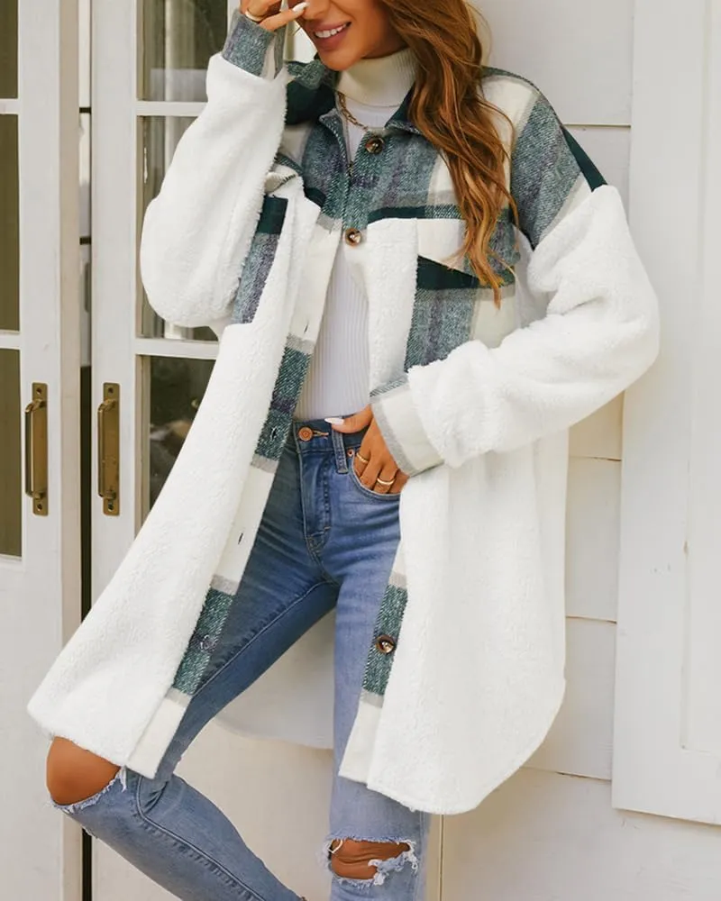 FSHAOES Womens 2024 Winter Coats Fuzzy Fleece Long Jackets Plaid Shacket Button Down Shirts Lightweight Outwear Cardigan
