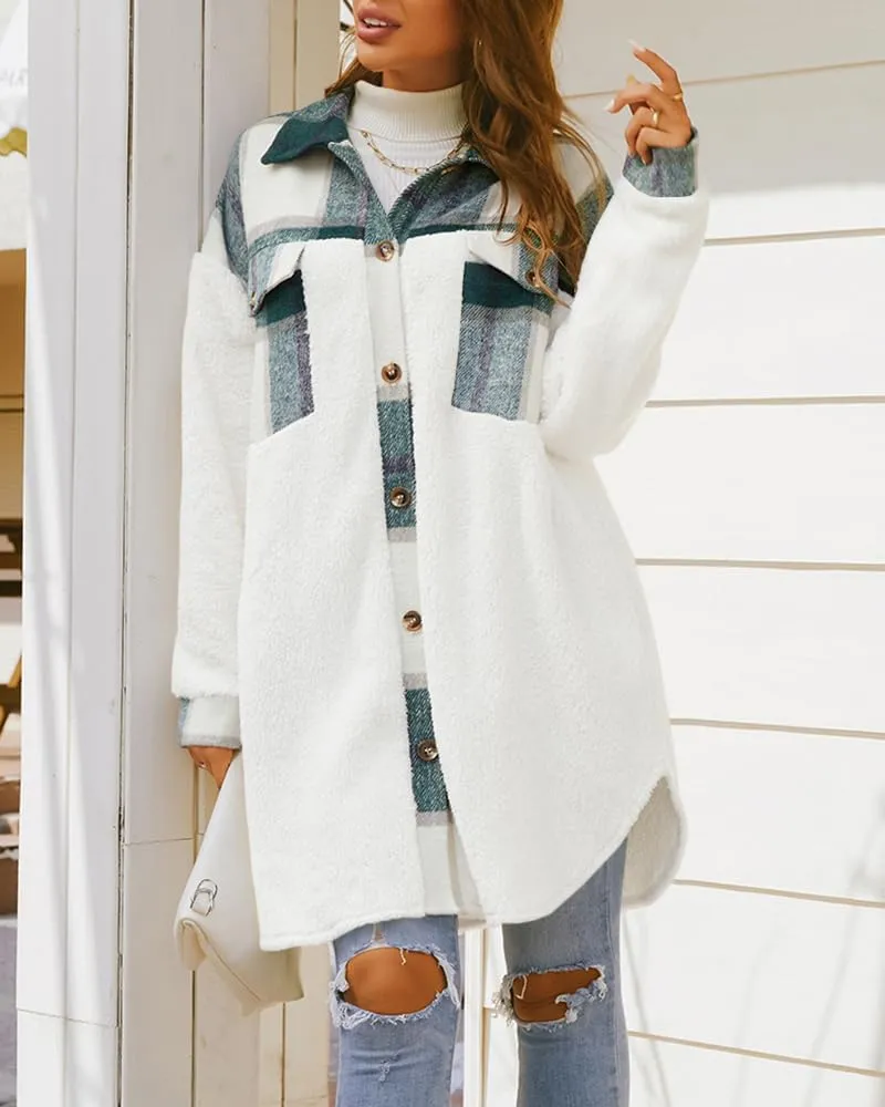 FSHAOES Womens 2024 Winter Coats Fuzzy Fleece Long Jackets Plaid Shacket Button Down Shirts Lightweight Outwear Cardigan